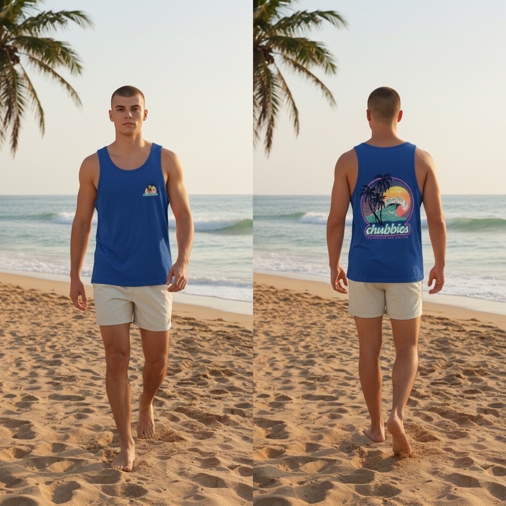 Chubbies Mens Small Blue Graphic Tank Top Retro Tropical Sunset Wave SS24CA0724B